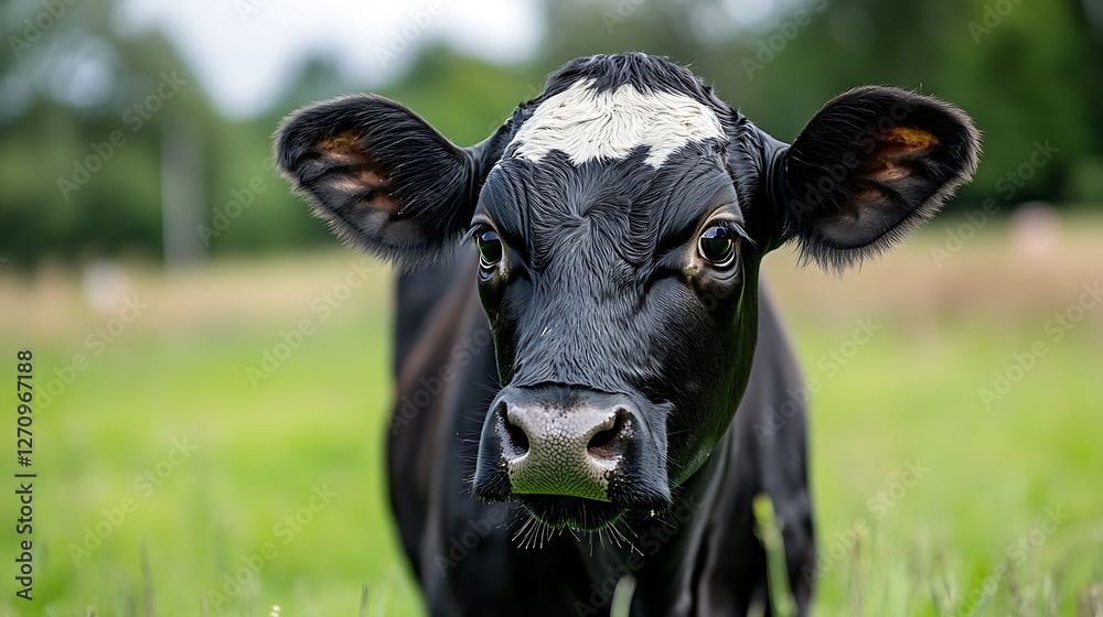 Curious black and white calf looking directly at the camera in a lush green pasture surrounded by nature : Generative AI Curious black and white calf looking directly at the camera in a lush green pasture surrounded by nature : Generative AI