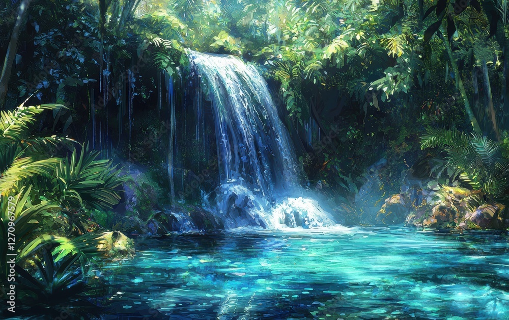 A waterfall with crystal-clear blue water, surrounded by exotic plants A waterfall with crystal-clear blue water, surrounded by exotic plants