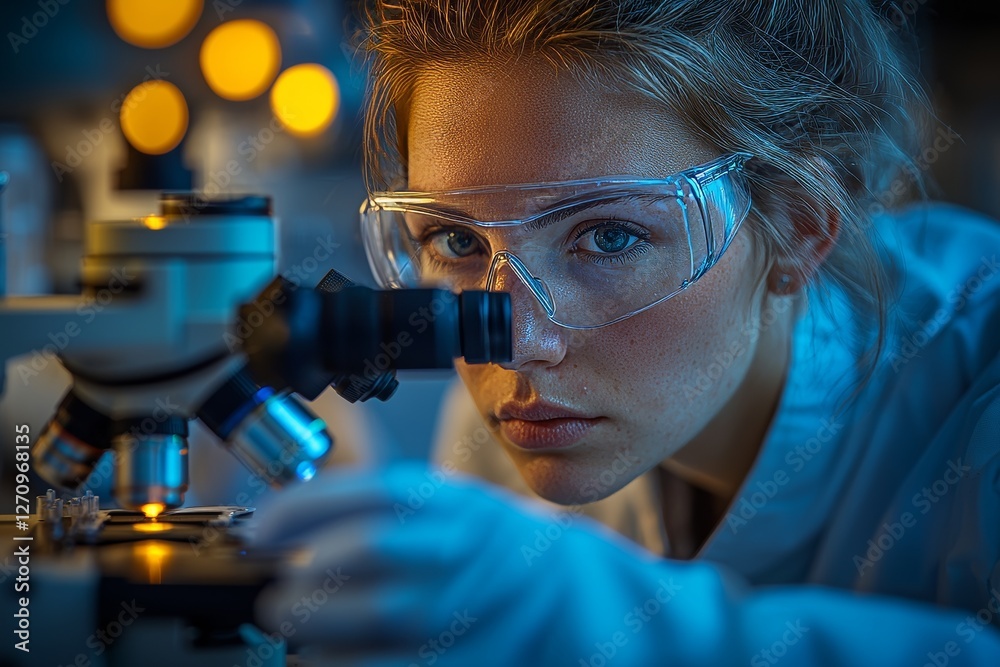 The scientist is using a microscope to inspect samples and liquids The scientist is using a microscope to inspect samples and liquids