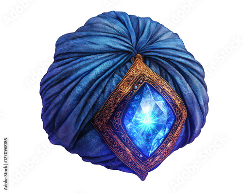 vibrant blue turban adorned with large glowing sapphire gemstone, exuding air of mystique and elegance. intricate design and rich color create captivating visual appeal