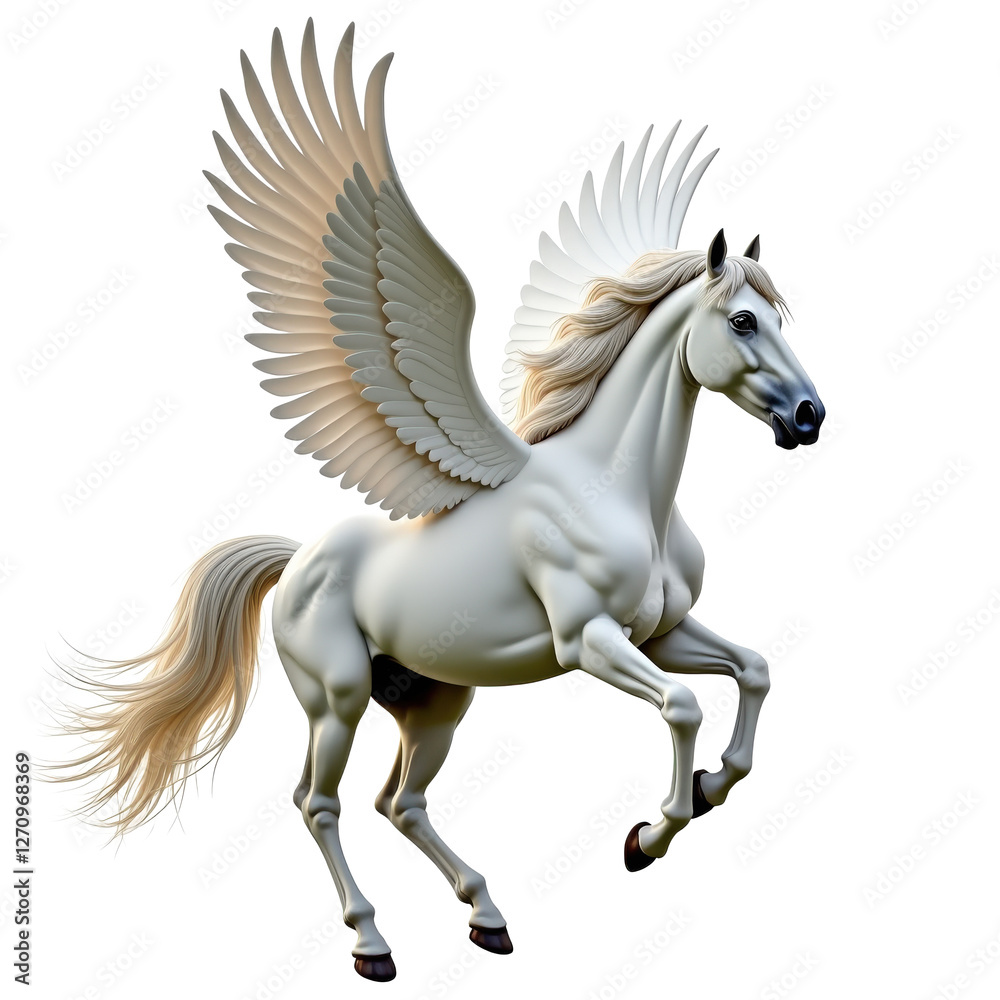 A majestic white pegasus with wings spread wide, galloping on a transparent background. A majestic white pegasus with wings spread wide, galloping on a transparent background.