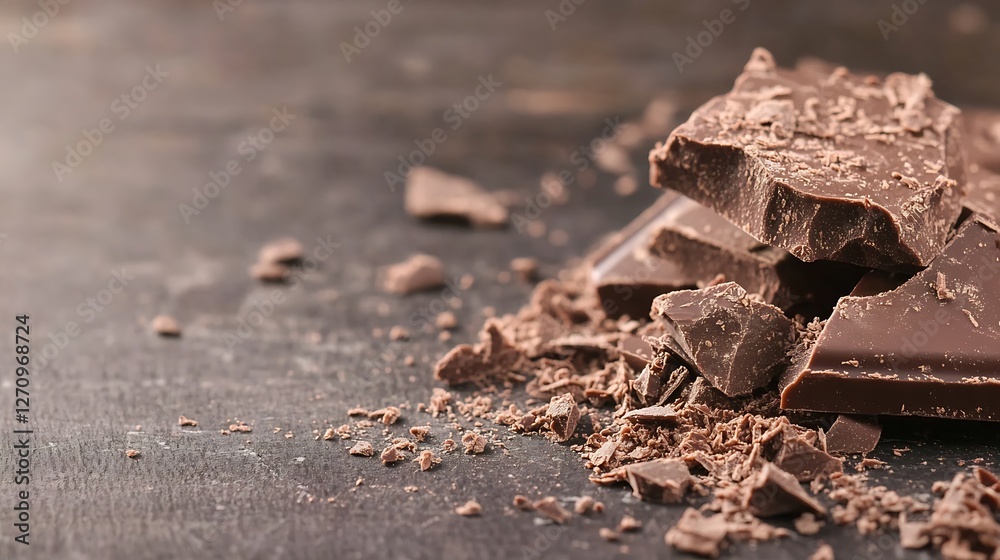 custom made wallpaper toronto digitalChunks of dark chocolate scattered on a rustic wooden surface with chocolate shavings : Generative AI