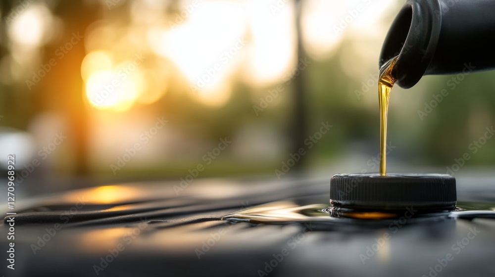 Oil pouring into car engine, sunset background, close-up, maintenance