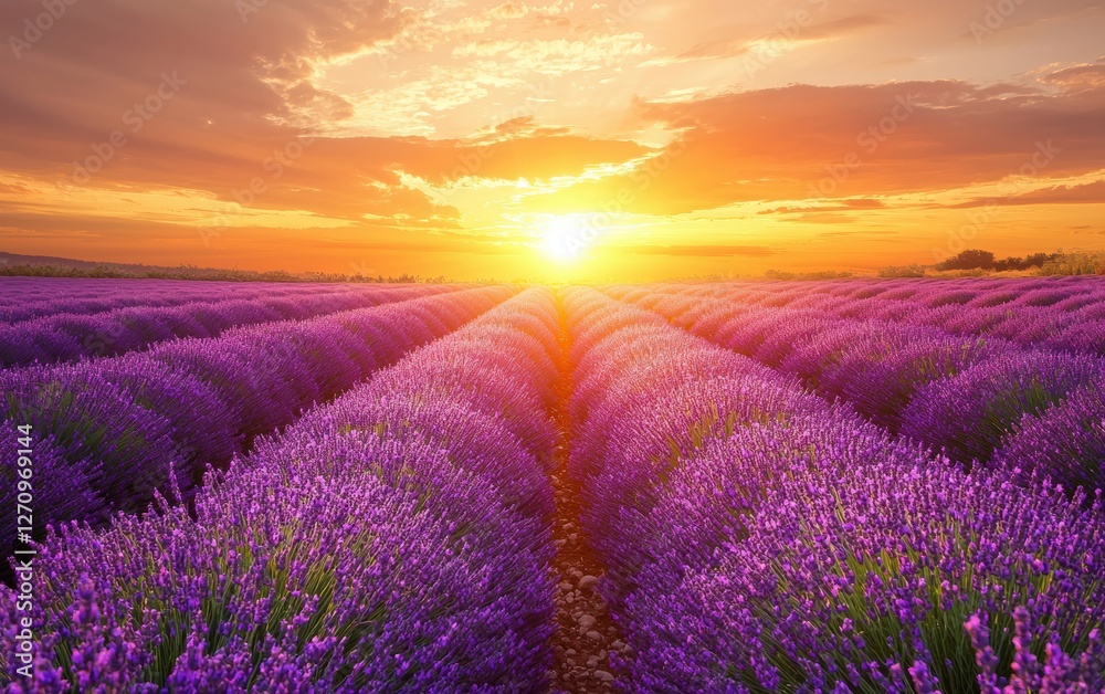Fototapeta premium Beautiful lavender fields in full bloom under a golden sunset