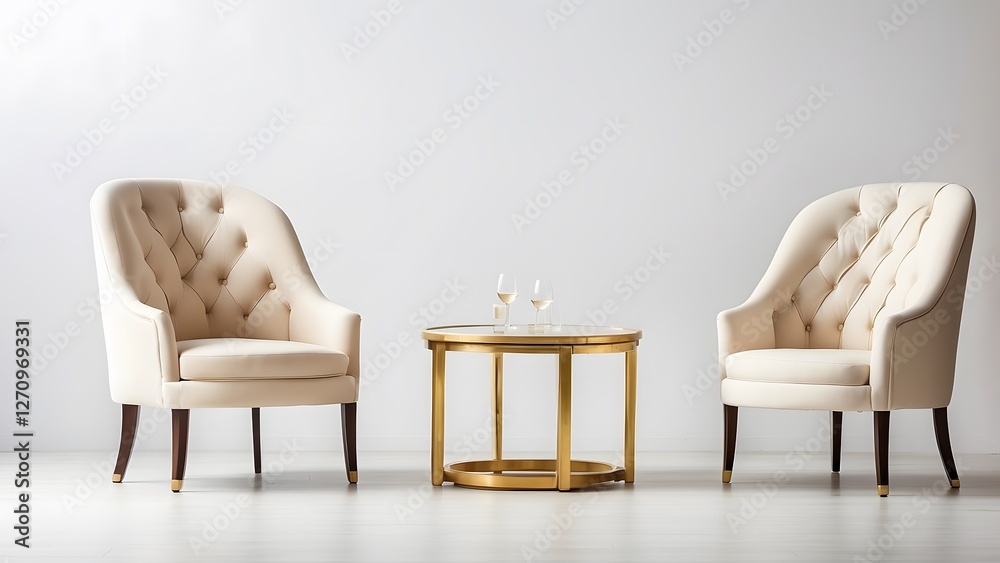 Fototapeta premium Two Luxury Chairs with Round Table banner with empty space Without Text, White luxury background, holiday banner poster background for advertisement ads