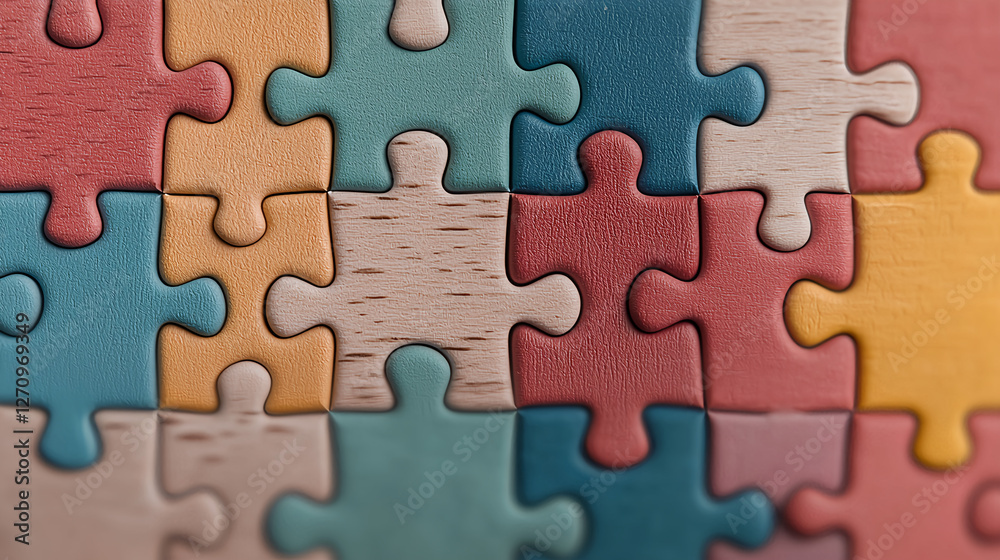Close-up of colorful jigsaw puzzle pieces interlocked Close-up of colorful jigsaw puzzle pieces interlocked