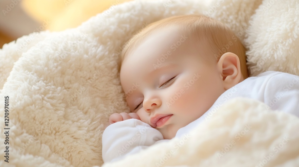 Adorable sleeping baby peacefully resting on soft blankets in warm sunlight : Generative AI Adorable sleeping baby peacefully resting on soft blankets in warm sunlight : Generative AI