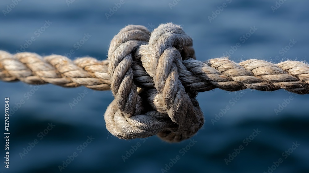CloseUp of an Intricate Knot Tied in Strong Rope Against a Deep Blue Background : Generative AI CloseUp of an Intricate Knot Tied in Strong Rope Against a Deep Blue Background : Generative AI