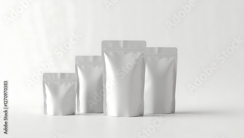 Mockup of three blank silver stand-up pouches on white background, perfect for branding and packaging design.