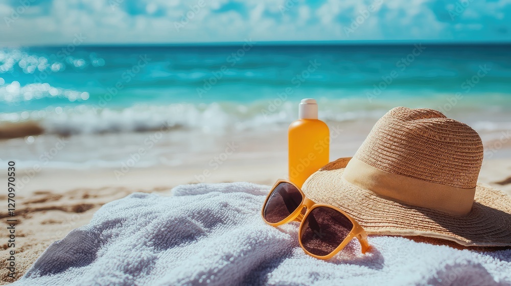 A relaxing beach setting with sunscreen, sunglasses, and a sunhat on a towel, framed by a clear blue sky and calm ocean waves A relaxing beach setting with sunscreen, sunglasses, and a sunhat on a towel, framed by a clear blue sky and calm ocean waves