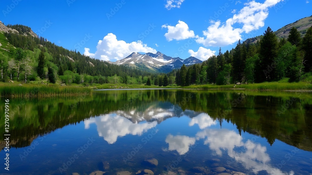 Stunning serene landscape with mountains adorned by fluffy clouds reflecting on a pristine lake : Generative AI Stunning serene landscape with mountains adorned by fluffy clouds reflecting on a pristine lake : Generative AI