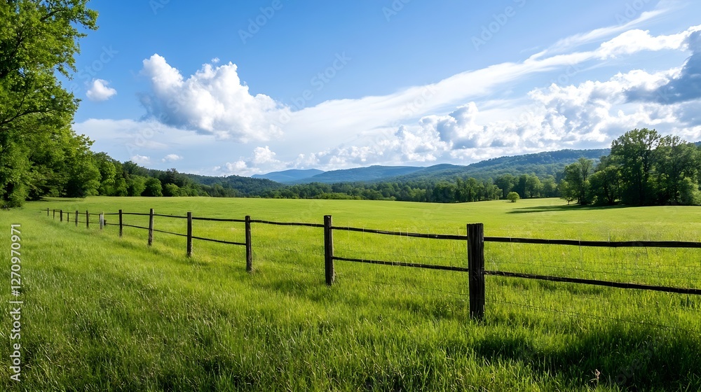 Picturesque view of a lush green meadow bordered by wooden fence under a bright blue sky : Generative AI Picturesque view of a lush green meadow bordered by wooden fence under a bright blue sky : Generative AI