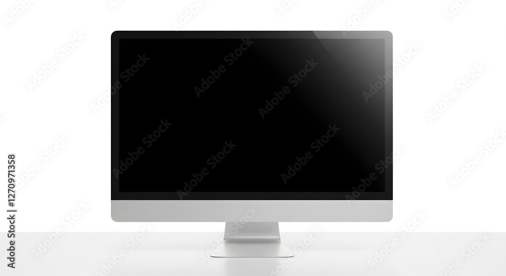 Front view blank PC screen white desktop bright lighting product demonstration clean sharp Front view blank PC screen white desktop bright lighting product demonstration clean sharp