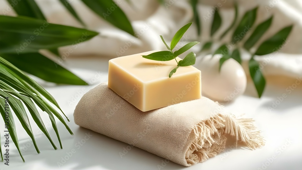A bar of soap rests on a soft cloth, surrounded by green leaves and natural elements, creating a serene aesthetic. Concept Soap Aesthetics, Natural Elements, Serene Setup, Greenery A bar of soap rests on a soft cloth, surrounded by green leaves and natural elements, creating a serene aesthetic. Concept Soap Aesthetics, Natural Elements, Serene Setup, Greenery