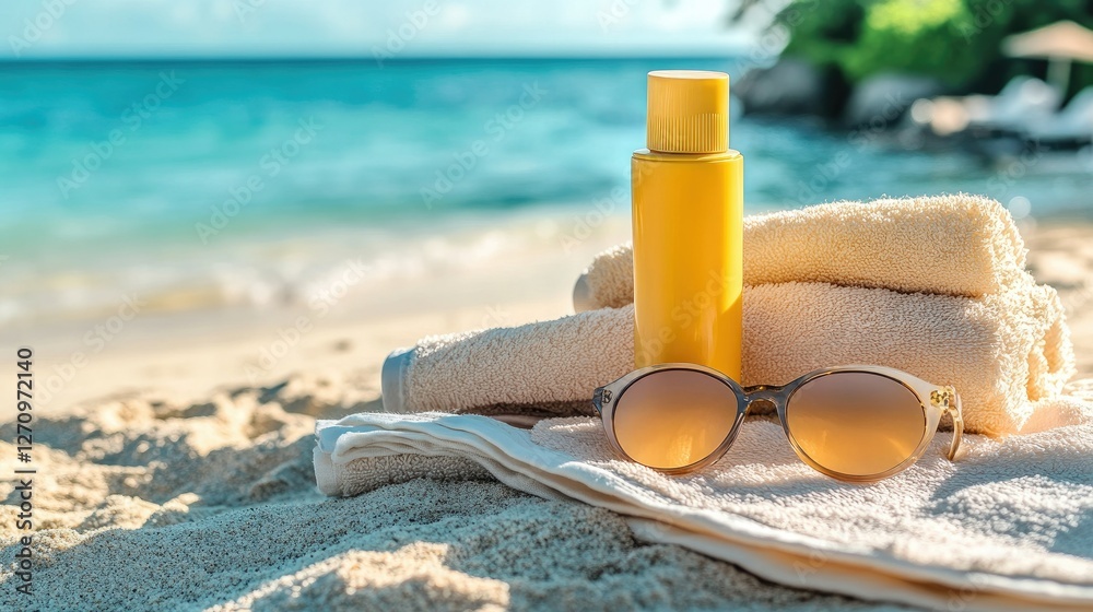 A set of sun protection essentials like sunscreen, sunglasses, and a towel on the beach, with a peaceful sea view in the background A set of sun protection essentials like sunscreen, sunglasses, and a towel on the beach, with a peaceful sea view in the background