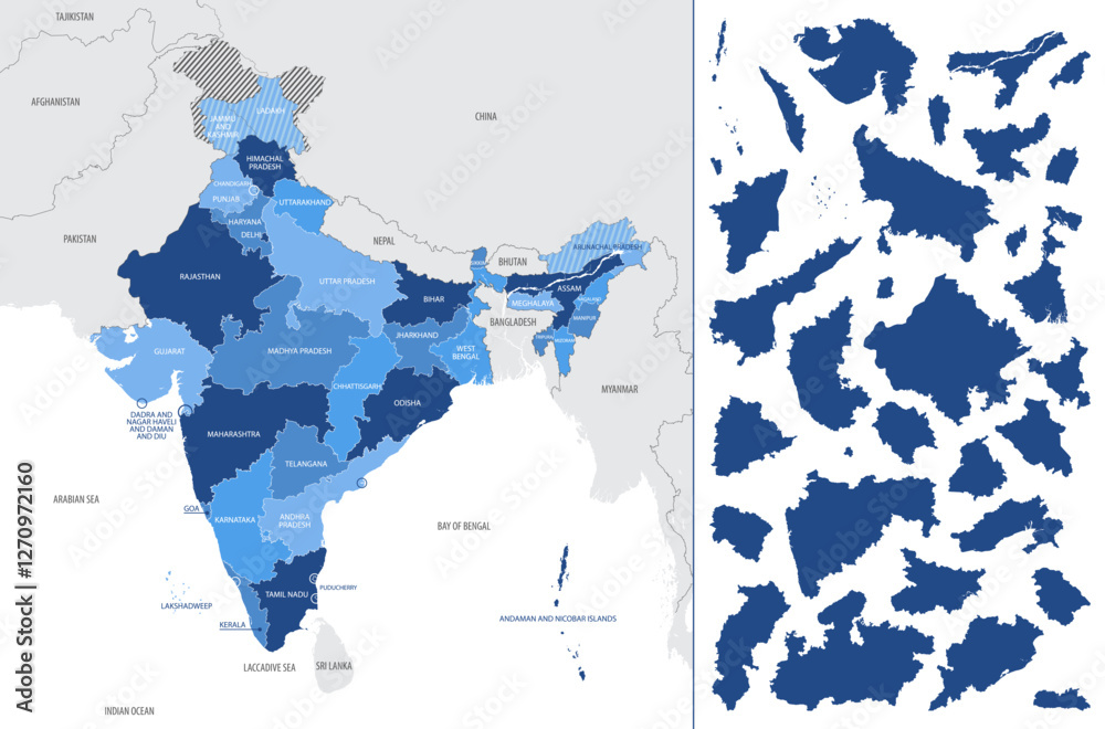 Detailed, vector, blue map of India with administrative divisions country