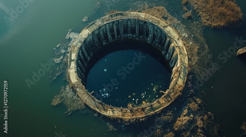 Aerial view of circular abandoned structure surrounded by water photo