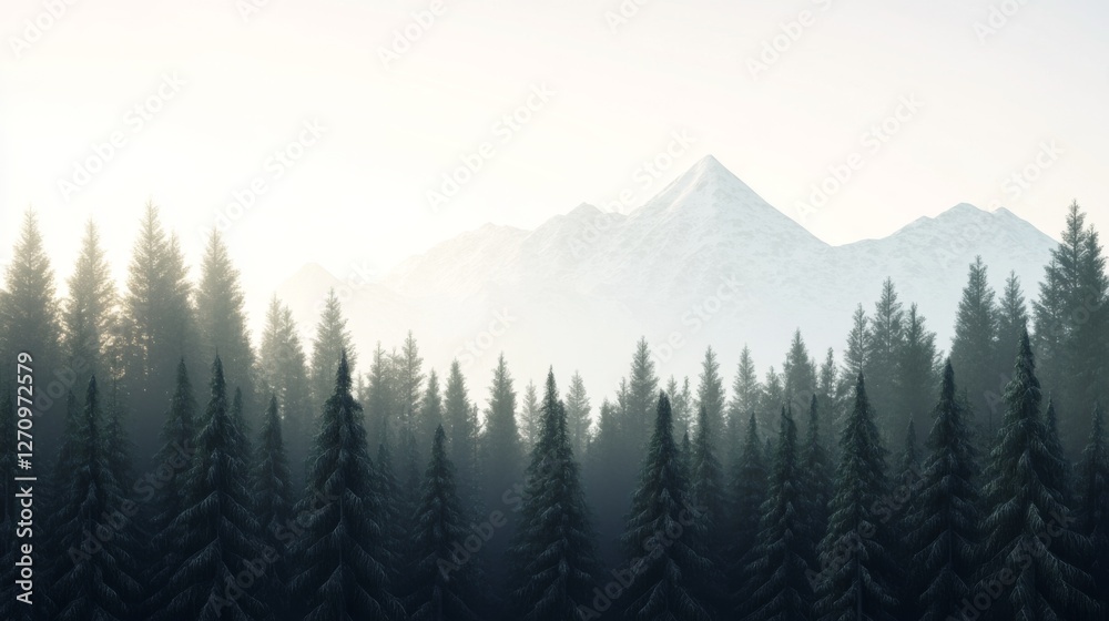 Fototapeta premium Snowy Mountain Range, Pine Forest, Sunrise, Peaceful Scenery, Stock Photo