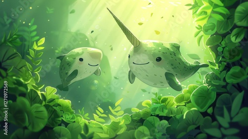 Two cheerful narwhals swim amidst lush greenery and soft light in a whimsical underwater scene.