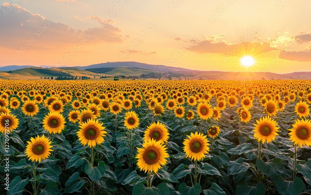 Fototapeta premium Endless sunflower fields glowing under a soft pink sunset