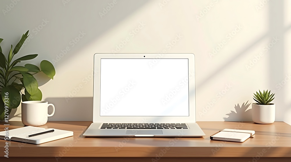 Modern Minimalist Workspace: Laptop, Plants, and Natural Light Modern Minimalist Workspace: Laptop, Plants, and Natural Light