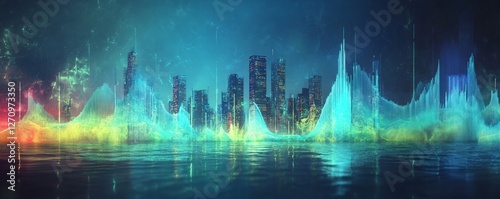 Sound waves forming a city skyline, glowing in vibrant blues and greens photo