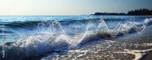 Sound waves resembling ocean waves crashing against a shore, vivid and dynamic