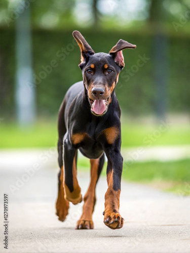 Doberman puppy is coming forward with his ton