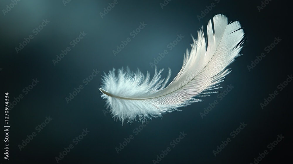 Fototapeta premium A single delicate white feather falling with motion blur against a dark background.