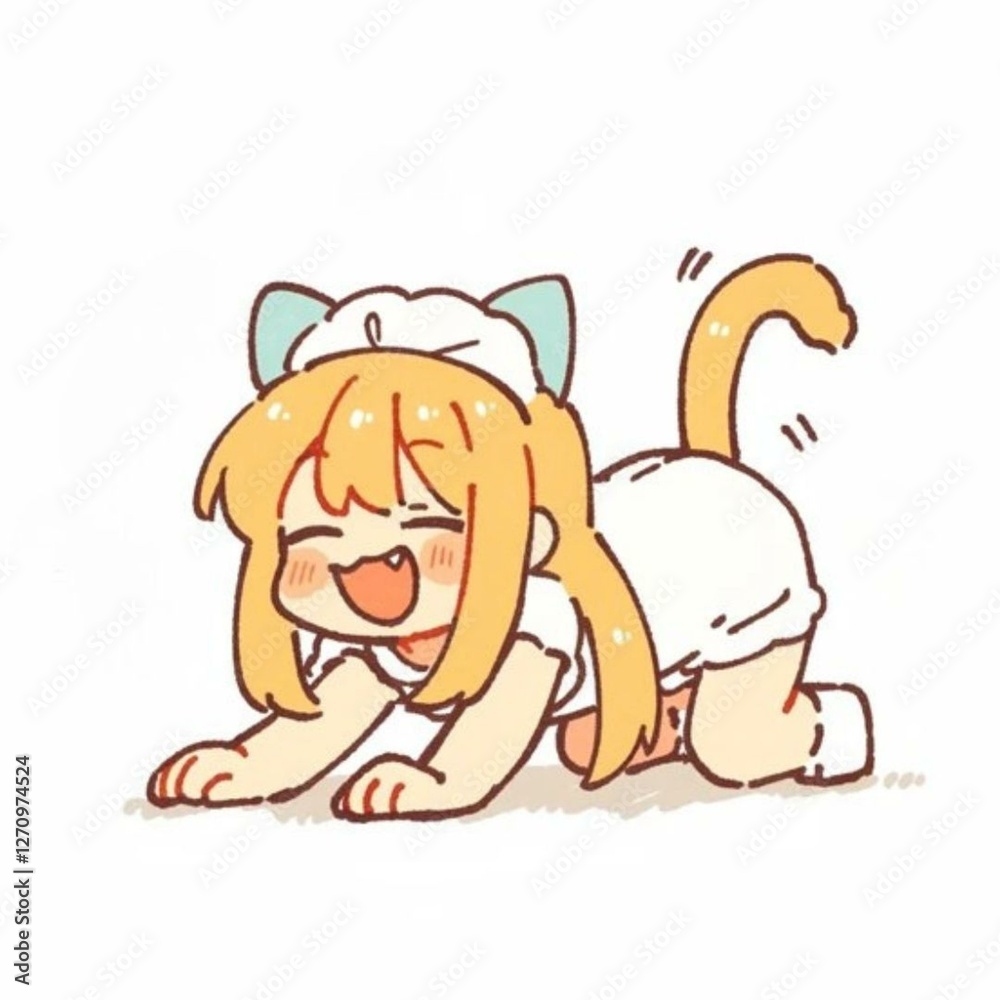 Obraz premium デフォルメ、擬人化した少女、猫、アイコン、素材