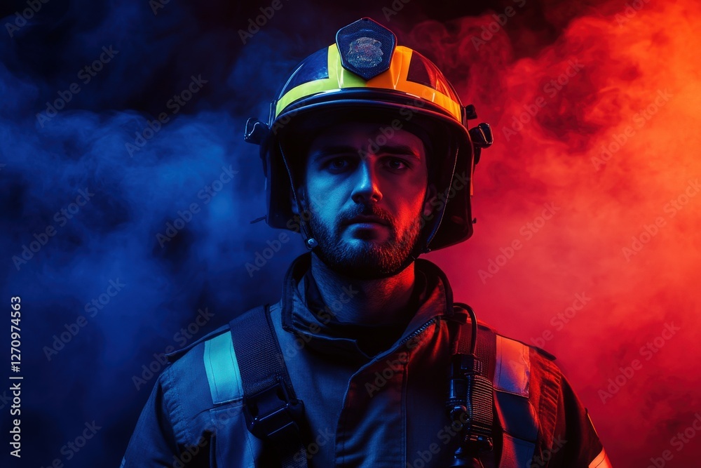 Portrait of a fireman wearing firefighter turnouts and helmet. Dark background with smoke and blue light Portrait of a fireman wearing firefighter turnouts and helmet. Dark background with smoke and blue light