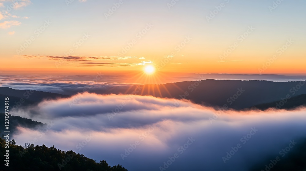Fototapeta premium Stunning sunrise view over misty mountains in a tranquil early morning scene : Generative AI