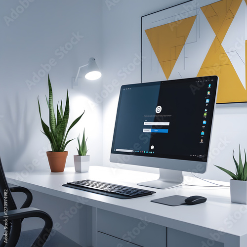 This image captures a pristine, minimalist office desk setup designed for productivity and focus. The stark white desk is complemented by a sleek silver laptop,