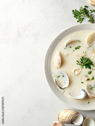 A bowl of creamy clam chowder garnished with parsley, surrounded by clams on a white background.