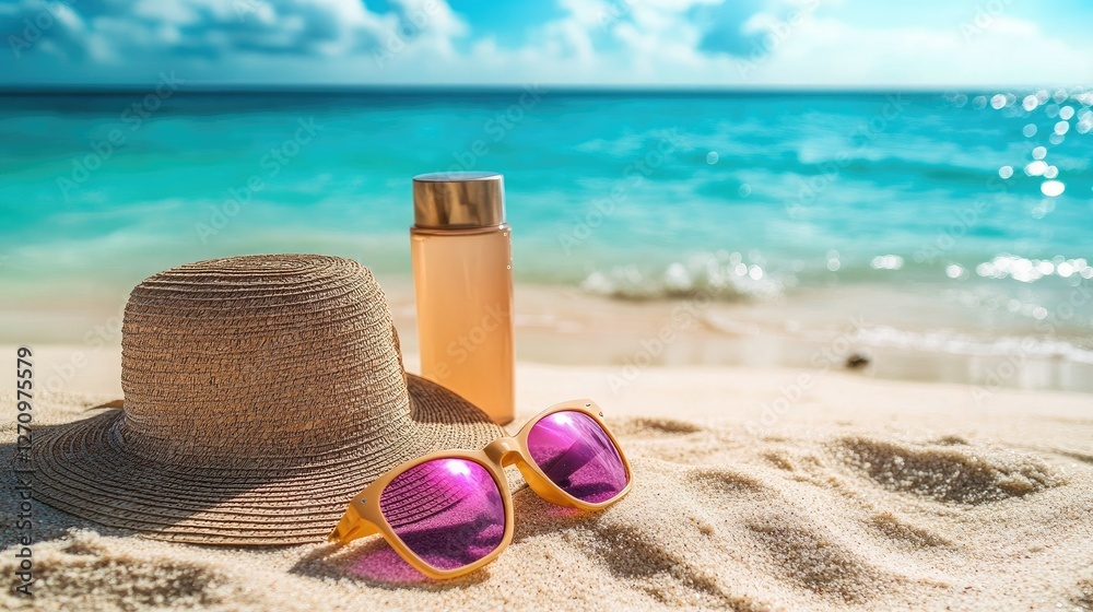 A sunny beach scene with sunscreen, a beach hat, and sunglasses arranged on the sand, with the crystal-clear ocean in the background A sunny beach scene with sunscreen, a beach hat, and sunglasses arranged on the sand, with the crystal-clear ocean in the background