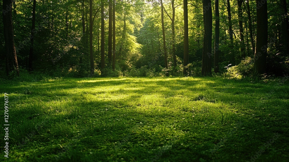 Obraz premium A thick carpet of green grass covering the ground in a lush forest clearing, offering a perfect outdoor backdrop