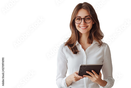 Young businesswoman holding a tablet, isolated on a transparent background