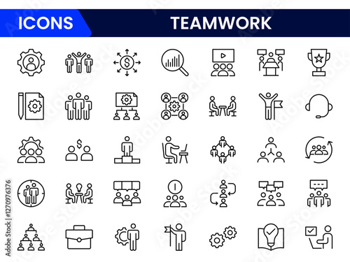 Teamwork linear icons collection. Set of coworking space icons. Business teamwork, team building, work group, and human resources minimal thin line web icon set.