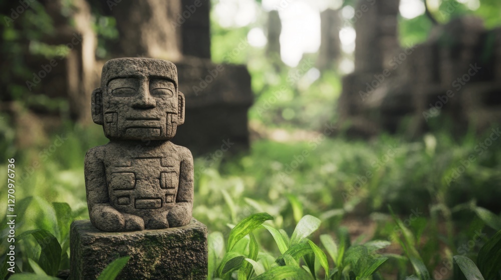 Ancient stone statue in jungle ruins. Possible use for travel or history stock photo Ancient stone statue in jungle ruins. Possible use for travel or history stock photo