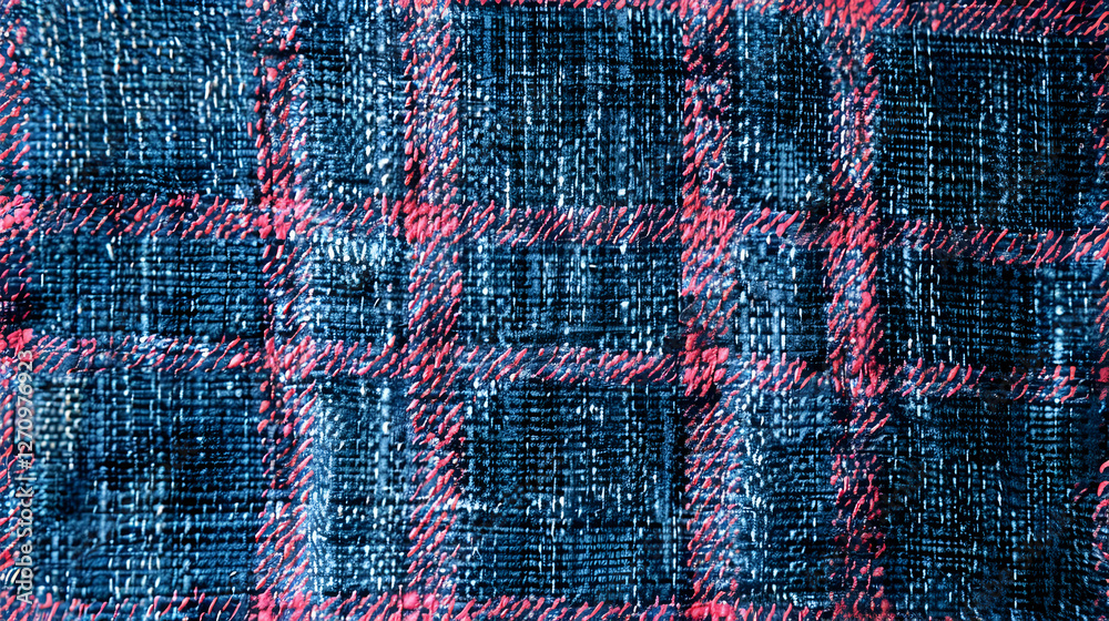 Close-up of a textured fabric with a blue and red plaid pattern, ideal for fashion and design use Close-up of a textured fabric with a blue and red plaid pattern, ideal for fashion and design use