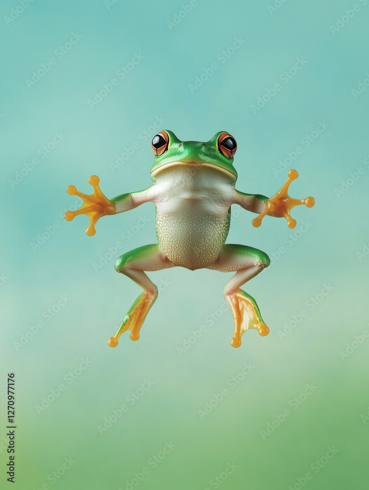 Naklejka premium A vibrant green frog with orange eyes and yellow-orange webbed feet, posed against a soft, blurred background in shades of blue and green, creating a serene and whimsical atmosphere.
