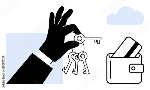 Hand holding four keys next to a wallet with credit cards, blue cloud in background. Ideal for finance, security, real estate, minimalism, business, personal organization banking. Line metaphor