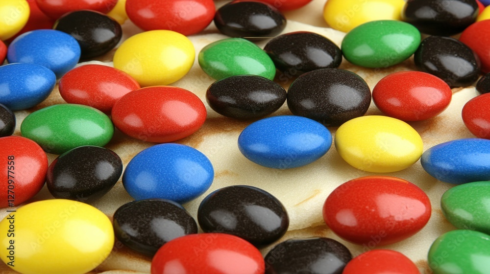 Colorful candies on crepe, close-up, sweet treat, food photography Colorful candies on crepe, close-up, sweet treat, food photography