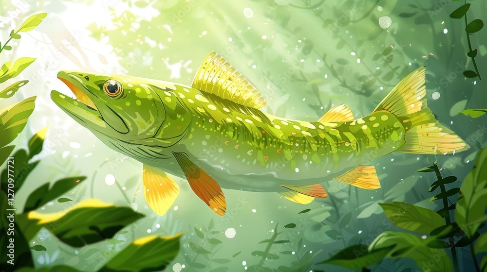 Naklejka premium A vibrant illustration of a fish swimming through a lush underwater environment.