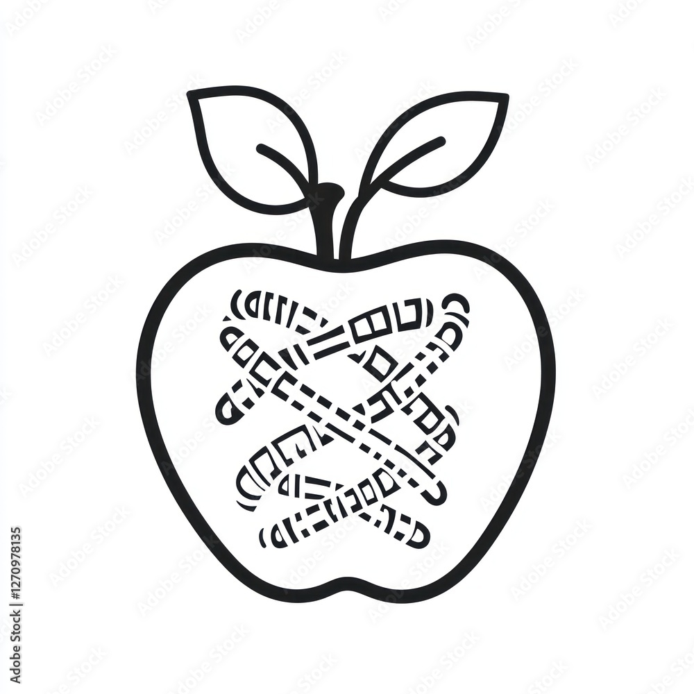 Fototapeta premium Wormy apple, line art, isolated, white background, educational illustration