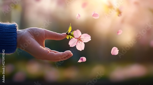 Spring Awakening nature renewal concept. A gentle hand reaches out to touch a delicate pink flower, surrounded by falling petals, evoking a sense of tranquility and beauty.