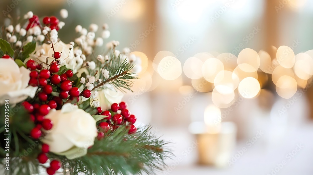 Obraz premium Festive floral arrangement with red berries and white roses creating holiday spirit and warmth : Generative AI