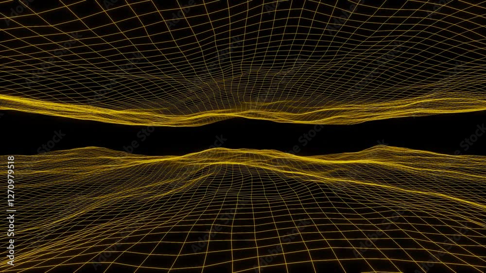 3D rendered abstract grid neon waves. Blue digital ocean. Abstract background