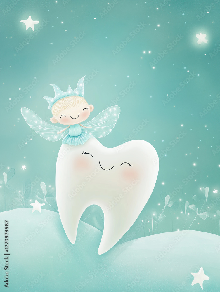 Fototapeta premium A whimsical illustration of a smiling fairy with wings, riding on a large, happy tooth. The background is a soft teal with twinkling stars and gentle hills, creating a magical atmosphere.