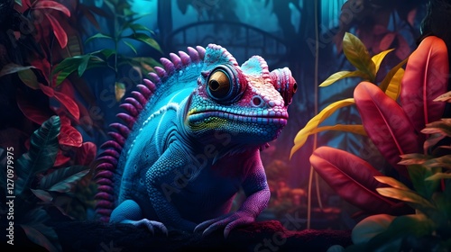 Chameleon Effortlessly Blending into the Vibrant Colors and Lush Foliage of a Tropical Jungle Retreat Showcasing Nature s Remarkable Camouflage Abilities photo